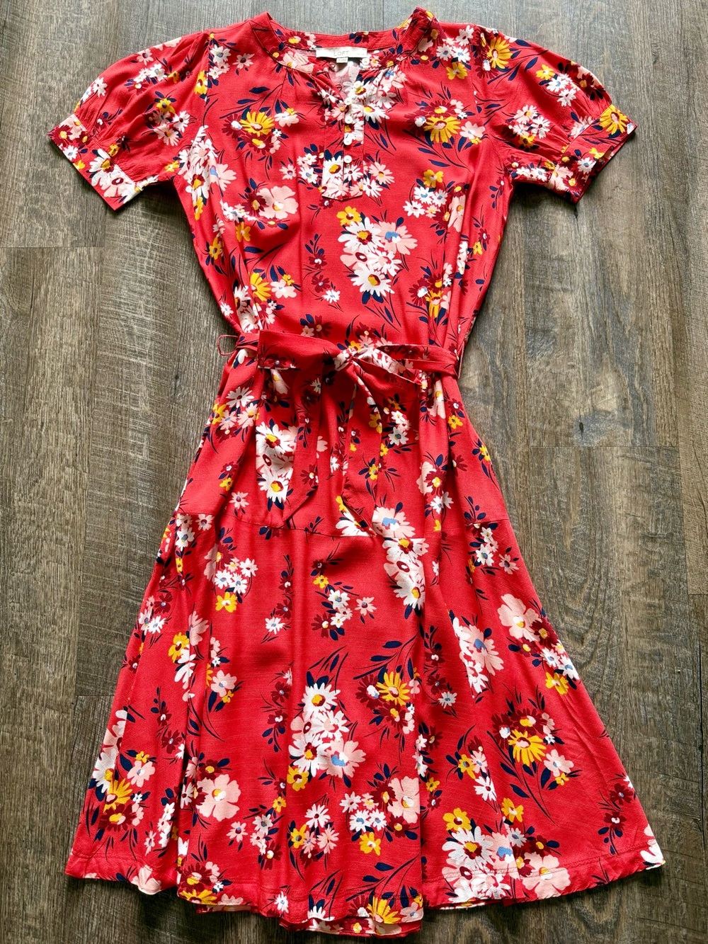 LOFT Red Floral Tie-Waist Midi Dress